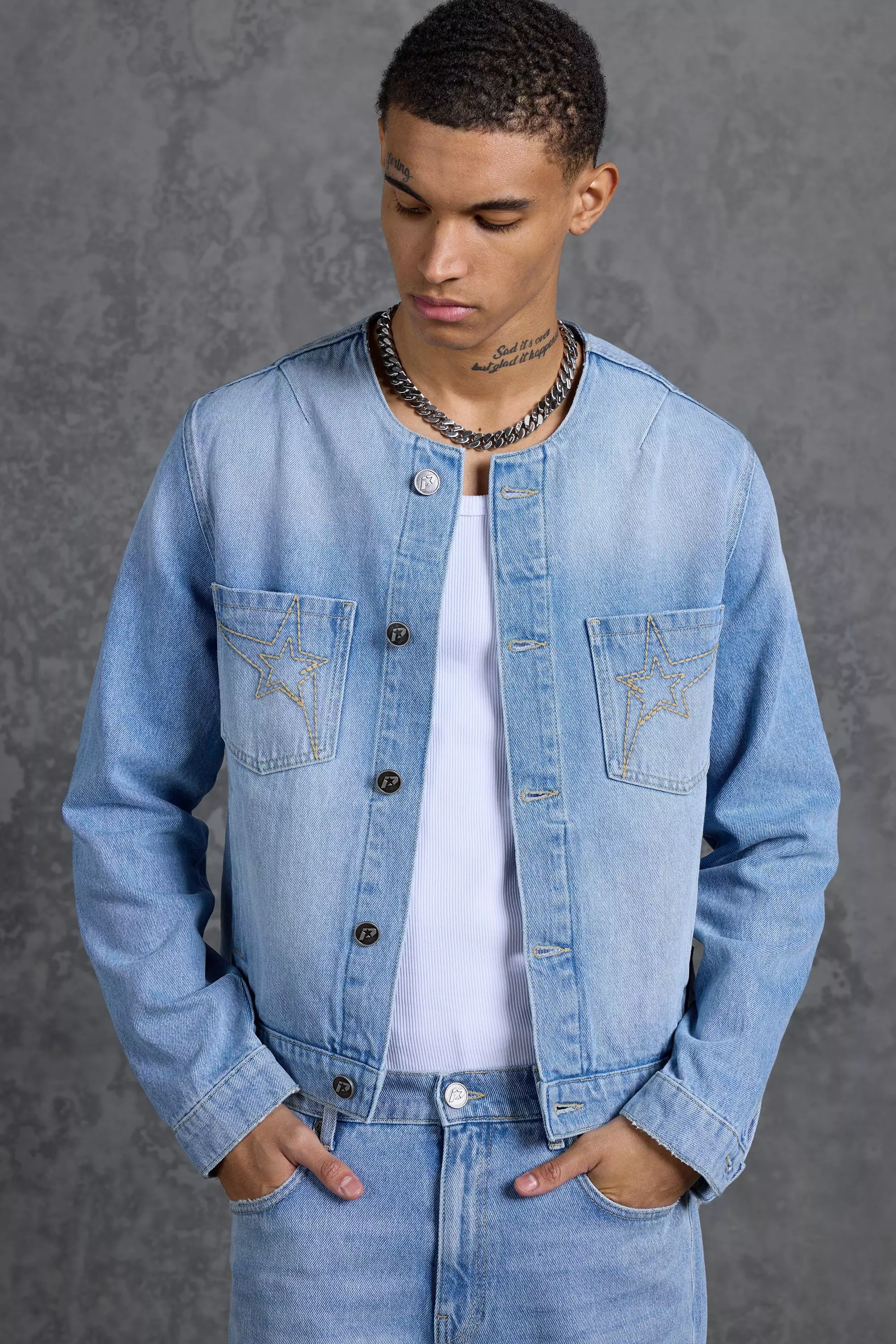 Grandad collar denim jacket best sale